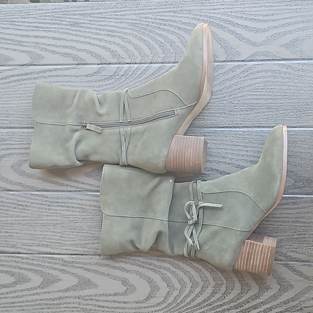 Violet & Red Janine Boots Olive Green Tall Shaft Suede Block Heels Women's 8.5M